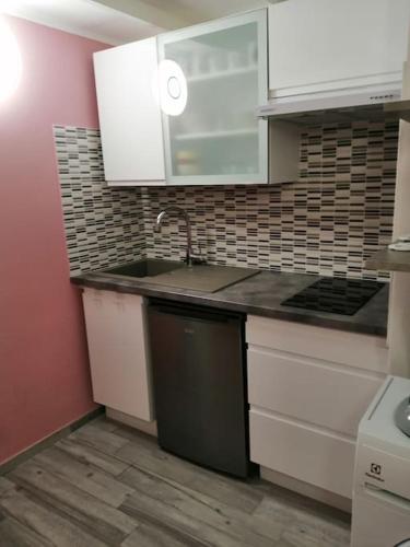 une cuisine avec des armoires blanches et un évier dans l'établissement IMPERIAL PALACE Bord de Mer, à Menton