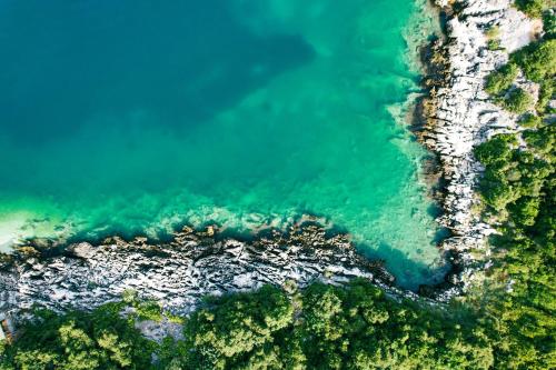 an aerial view of the ocean and forests at Hotel Oasis in Sarandë