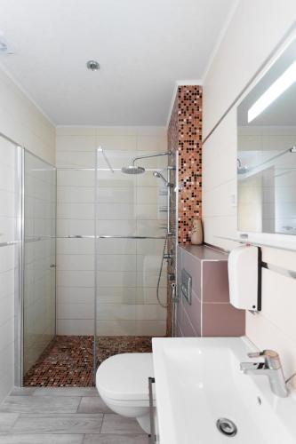 a bathroom with a shower and a toilet and a sink at Tophill Altezza stunning sea view & Terrace in Budva