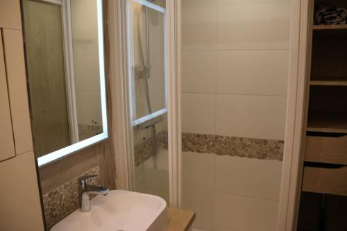une salle de bain avec un lavabo et un miroir dans l'établissement Studio 646, Port Nature 6 au village naturiste, au Cap d'Agde