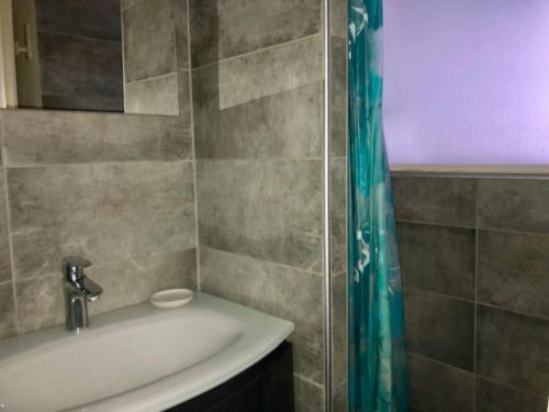 une salle de bain avec un lavabo et un rideau de douche dans l'établissement Studio 88, Port Nature 1 au village naturiste, au Cap d'Agde