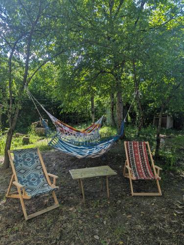 een hangmat en twee stoelen en een tafel in de tuin bij Dali Guest House in Oni