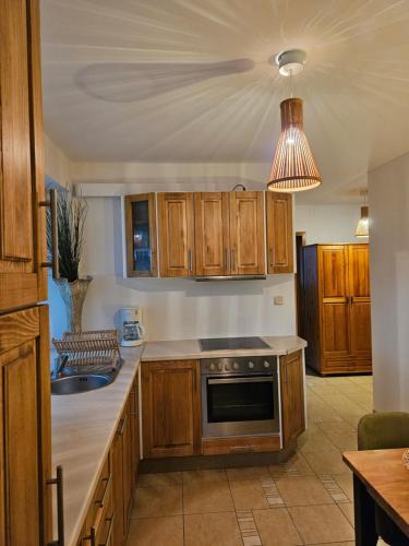 a kitchen with wooden cabinets and a sink at Apartament Iskra in Zakopane