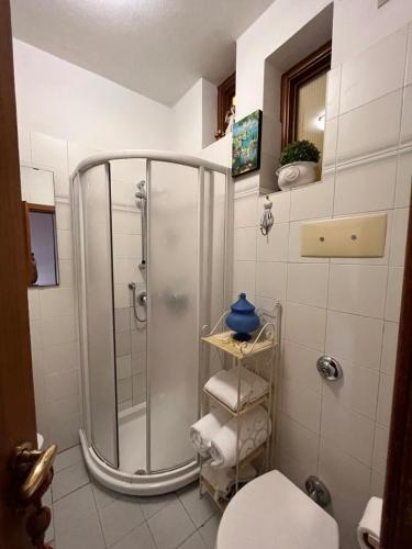 uma casa de banho com um chuveiro e um WC. em The Queen Tower em Desenzano del Garda