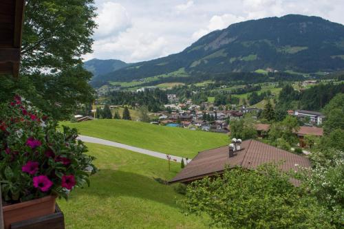 a green hill with a town and mountains in the background at Ferienhaus Riedlsperger in Fieberbrunn