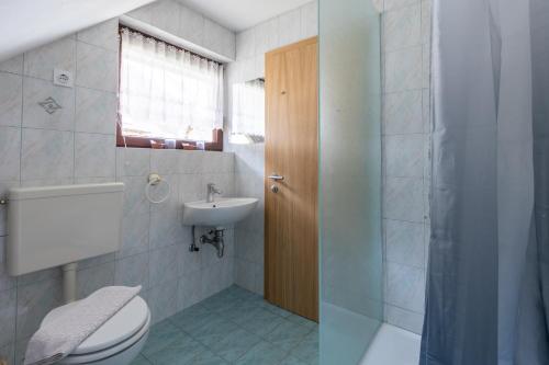 uma casa de banho com um WC, um lavatório e um chuveiro em Apartment Vidmar em Bohinj
