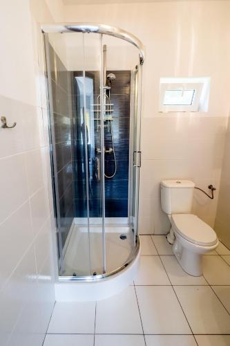 łazienka z prysznicem i toaletą w obiekcie Domki MIKO w mieście Mikoszewo