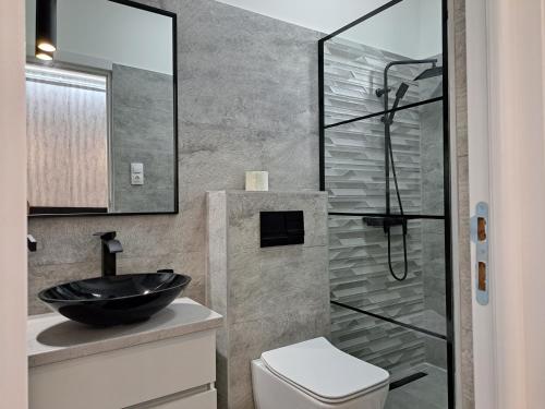 a bathroom with a sink and a glass shower at Belvárosi Lux Apartman in Vásárosnamény