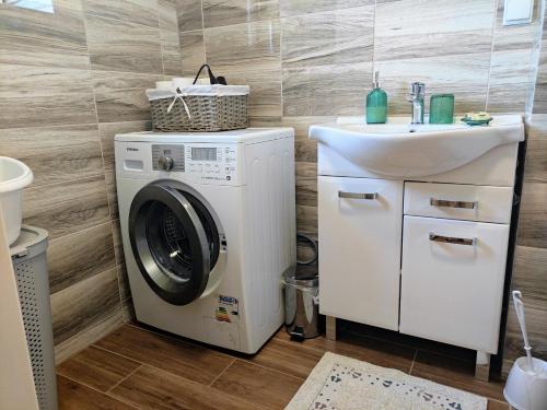 a washing machine and a sink in a bathroom at Zielony Zakątek - agroturystyka blisko morza in Kierzkowo