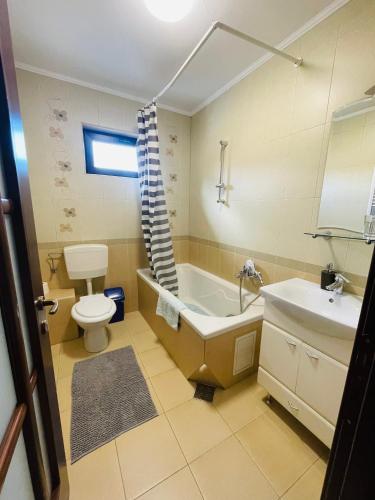 a bathroom with a tub and a toilet and a sink at Vila Madisa in Buşteni