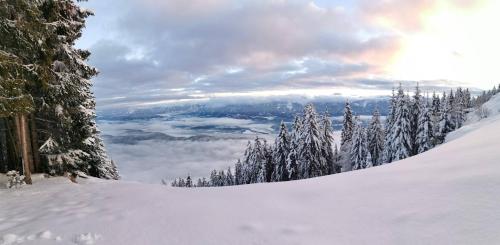 a view of a snowy mountain with trees and clouds at Panorama Apartment Gerlitzen in Treffen
