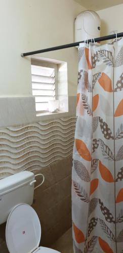 a bathroom with a toilet and a shower curtain at Signature Grande Villa, Kalathipady, Kottayam in Kottayam