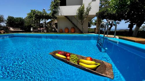 a tray of fruit on a plate in a swimming pool at Anestis Ioanna Villa in Daratso