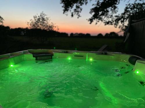 a green hot tub with green lights in a backyard at Wellnesslodge Specht in Dalerveen