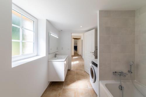 a bathroom with a sink and a washing machine at La maison dans la nature - Cadre exceptionnel au bord de cours deau in Sainte-Livrade-sur-Lot