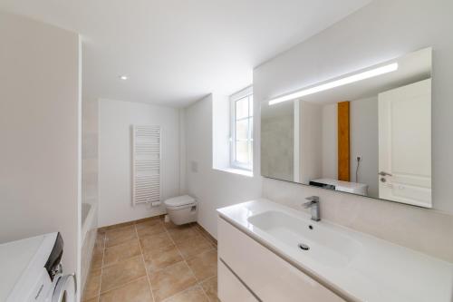 a white bathroom with a sink and a toilet at La maison dans la nature - Cadre exceptionnel au bord de cours deau in Sainte-Livrade-sur-Lot