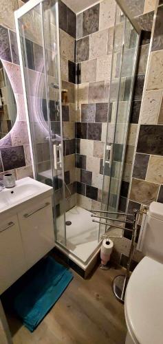 une salle de bain avec une douche, un lavabo et des toilettes dans l'établissement Appartement 