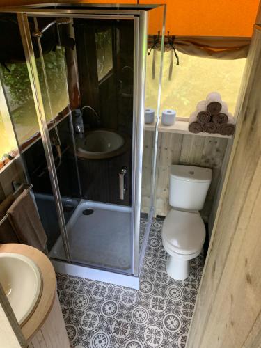 uma casa de banho com um WC, um chuveiro e um lavatório. em Glamping aan de Plas em Vinkeveen