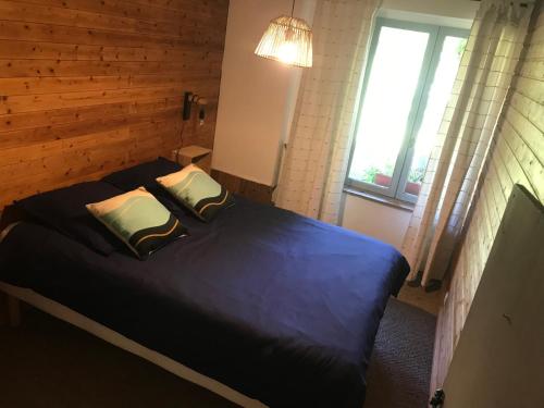 um quarto com uma grande cama azul e 2 almofadas em Chez pierre et Julie em Thollon