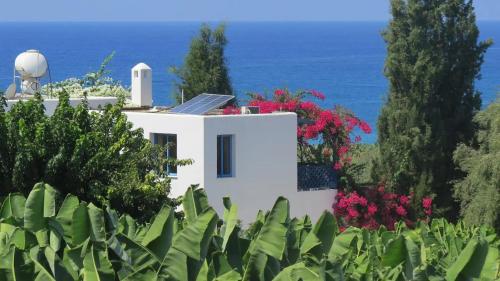 una casa blanca con el océano al fondo en Banana Sunset Villas, en Pafos