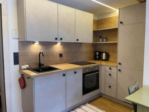 a small kitchen with white cabinets and a sink at Obinghof in Fieberbrunn
