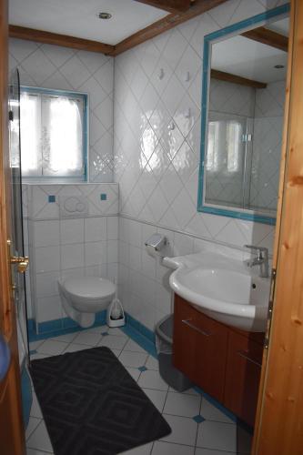 a bathroom with a sink and a toilet and a mirror at Chalet Reiterhäusl in Ramsau am Dachstein