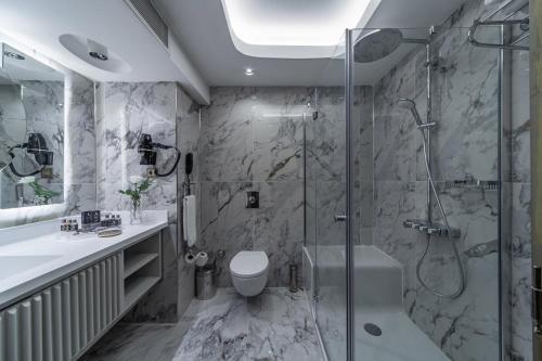 a bathroom with a shower and a toilet and a sink at Altinel Ankara Hotel & Convention Center in Ankara