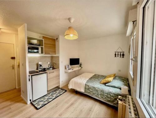 - une chambre avec un lit et un bureau dans l'établissement Studio Orchidée - Métro Arènes - Hopital à 5 mn, à Toulouse