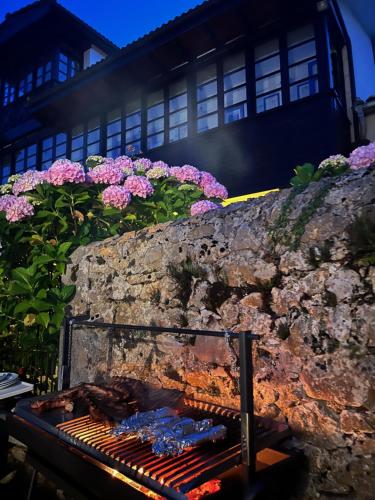 a grill with pink flowers on a wall at Los Cuetos in Santianes