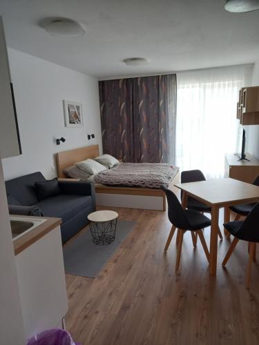 ein Wohnzimmer mit einem Sofa, einem Bett und einem Tisch in der Unterkunft Apartmány VLK in Zuberec