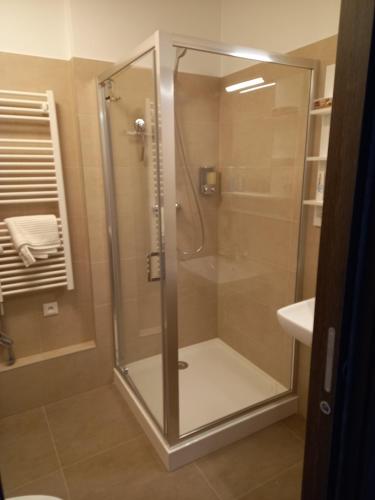 y baño con ducha y puerta de cristal. en Apartmány VLK en Zuberec