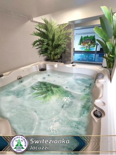a jacuzzi tub in a bathroom with plants at Świtezianka in Rymanów-Zdrój