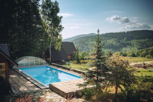 a swimming pool with a view of a mountain at Domy wakacyjne Familia in Duszniki Zdrój
