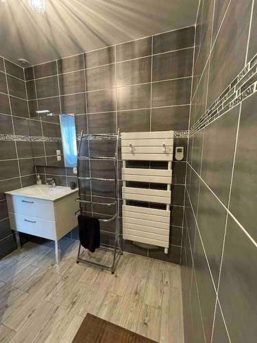 une salle de bain avec un lavabo, un miroir et un comptoir dans l'établissement Au Mas du Bec Pointu entre DIOIS et PROVENCE, à Eygluy