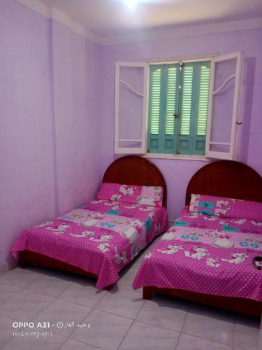 twee bedden in een kamer met roze en paarse muren bij رأس البر in Ras El Bar