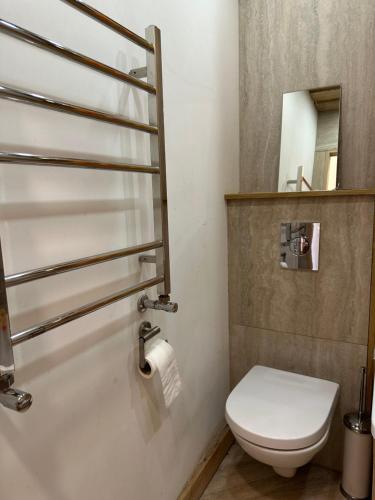 een badkamer met een toilet en een toiletpapierdispenser bij ApartmentTallinas70B in Rīga