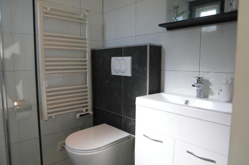La salle de bains blanche est pourvue de toilettes et d'un lavabo. dans l'établissement Familie bungalow op vakantiepark bij zee, à Baarland