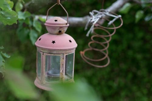 a glass lantern hanging from a tree branch at Fiesch-Lax Minnig Moritz in Lax