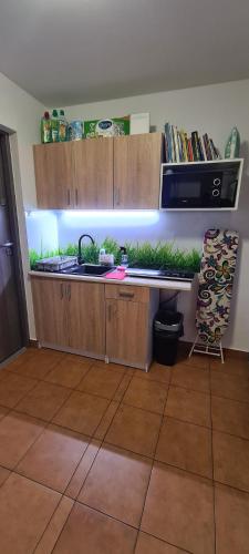 a kitchen with a sink and a fish tank at Moris Pokoje Gościnne in Łeba