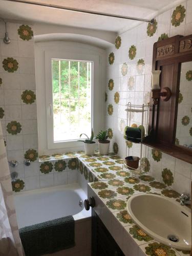 a bathroom with a tub and a sink and a window at Tenuta Nissole in Rocchetta Tanaro