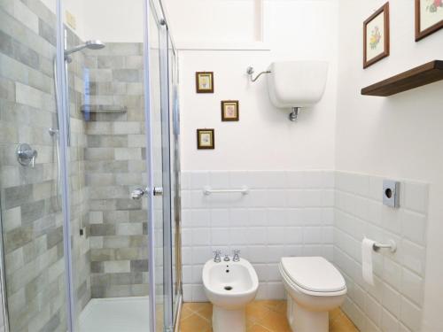 uma casa de banho com um WC e um chuveiro em Borgo Petrarca Il Mulino em Mantignana