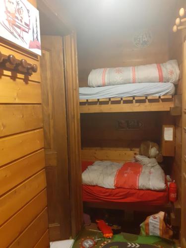 a bedroom with two bunk beds and a teddy bear at studio cabine Chatel in Châtel