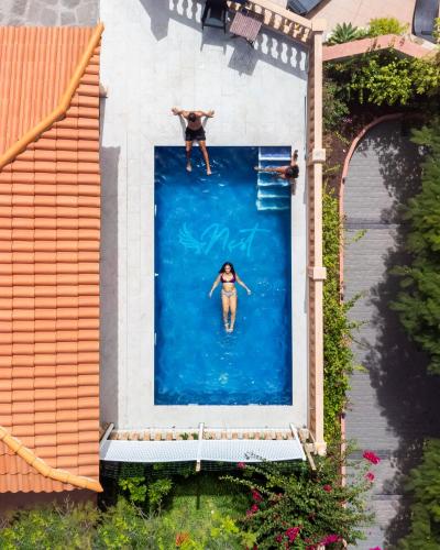 an overhead view of two people swimming in a swimming pool at Duque Nest Hostel in Adeje