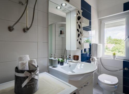 a bathroom with a sink and a toilet and a mirror at Apartman Filip in Gospić