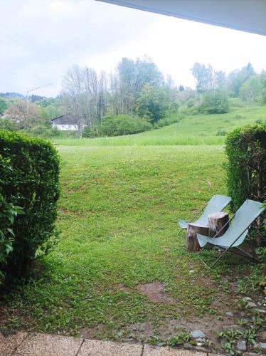 einer Bank und einem Stuhl auf einem Feld in der Unterkunft Studio Morillon Village in Morillon