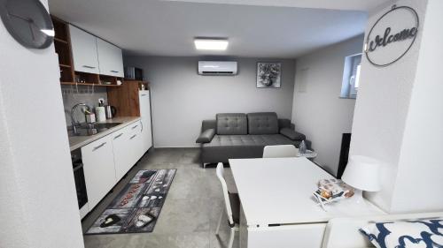 cocina y sala de estar con sofá y mesa en Apartma ALTER EGO en Koper