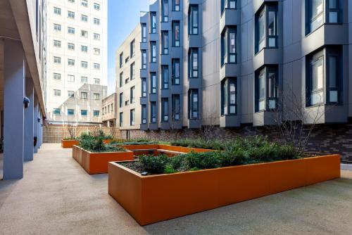 a row of large orange planters in front of a building at For Students Only Fresh Oldway Centre Swansea in Swansea