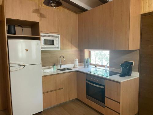 a kitchen with a white refrigerator and a sink at Casa Rural Riópar, luxury in nature in Riópar