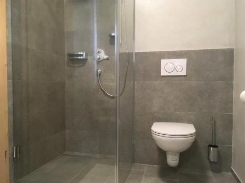 a shower stall with a toilet in a bathroom at monas home mayrhofen in Mayrhofen