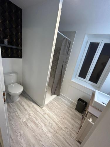 łazienka z toaletą i kabiną prysznicową w obiekcie Maison au calme w mieście Gagnières